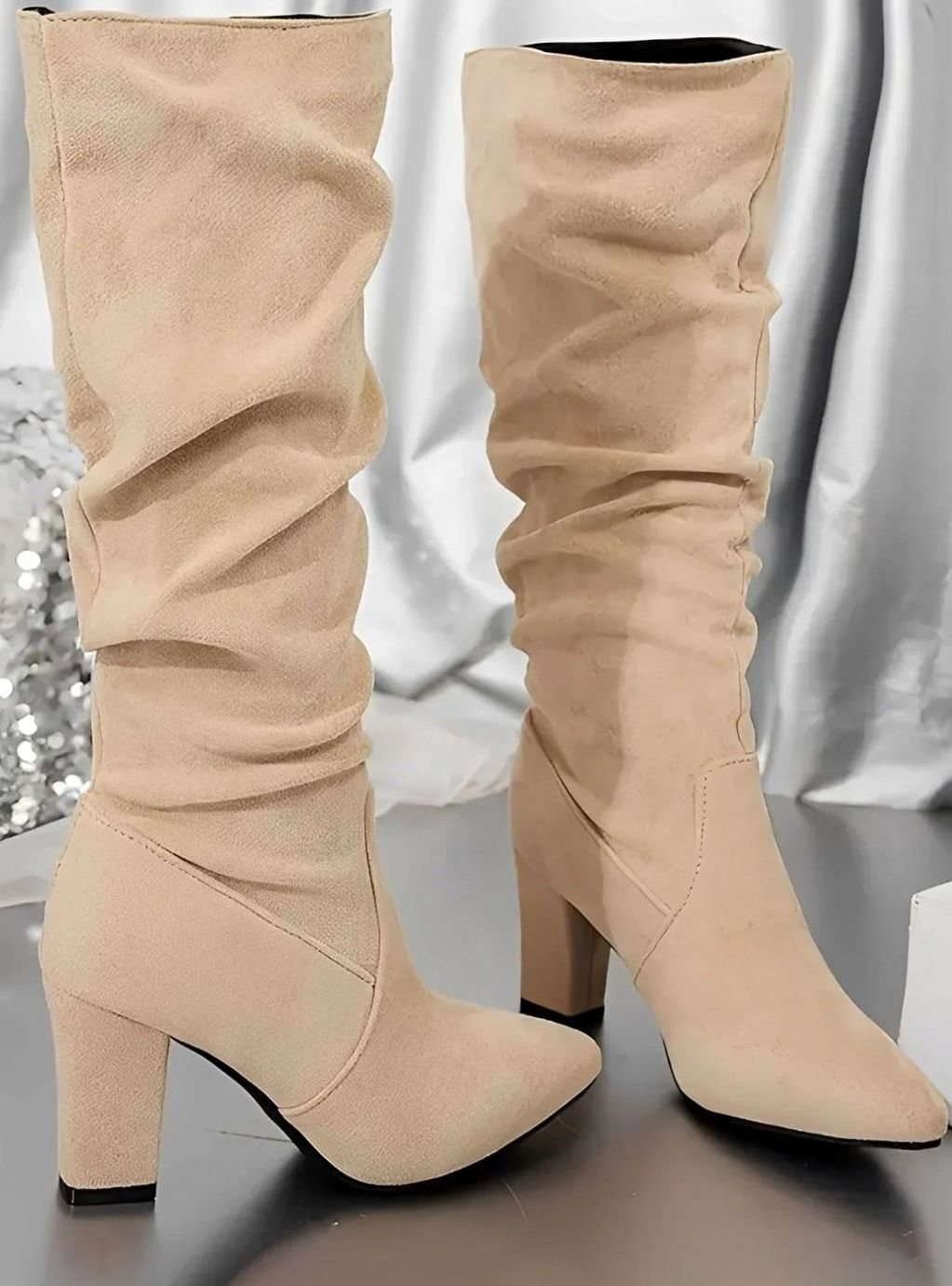 Scarlett | Women's Ruched Faux Suede Block Heel Knee High Boots