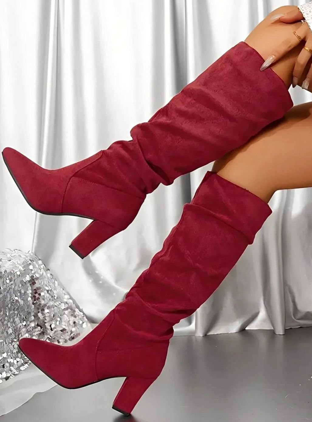 Scarlett | Women's Ruched Faux Suede Block Heel Knee High Boots