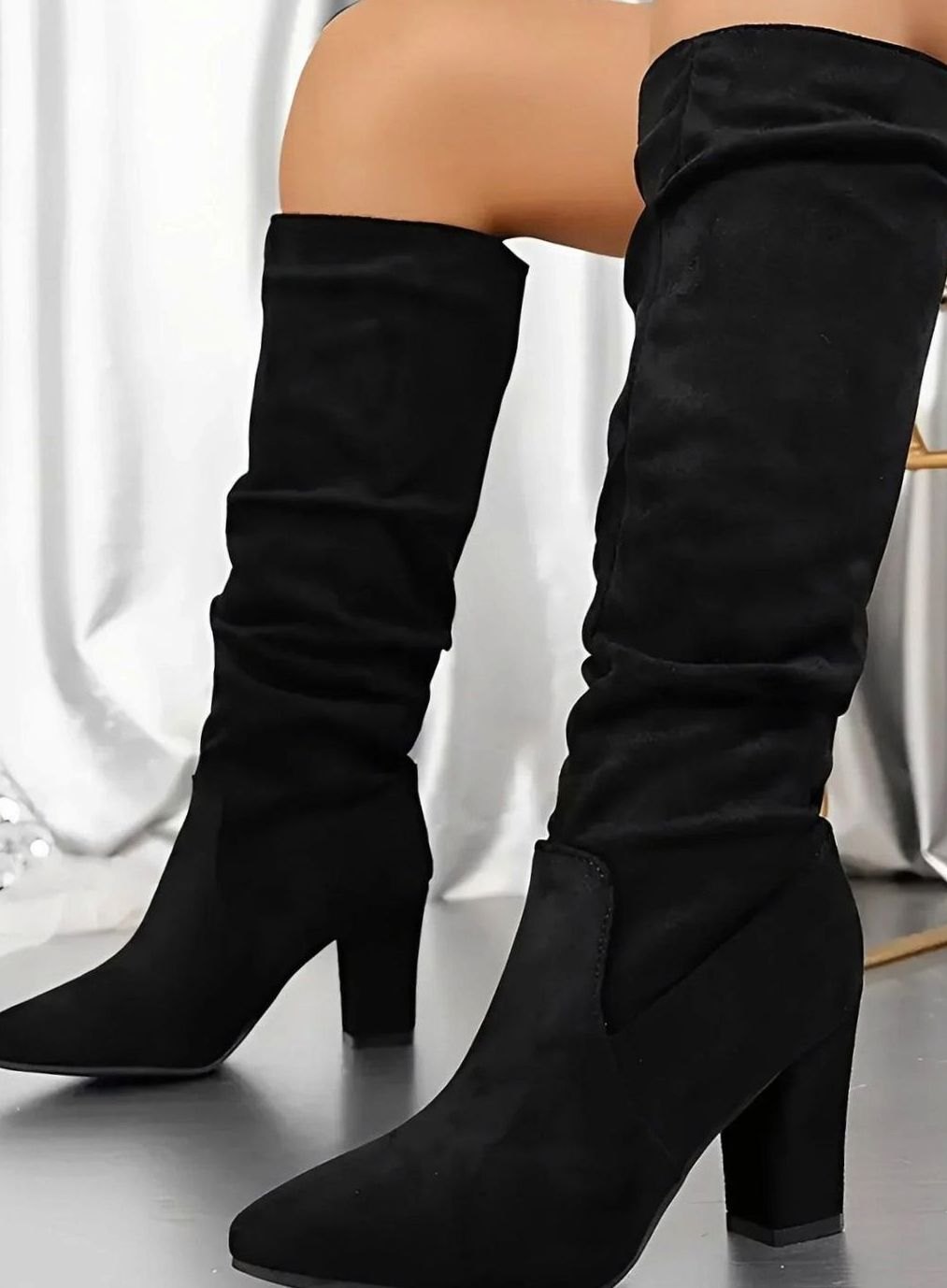 Scarlett | Women's Ruched Faux Suede Block Heel Knee High Boots