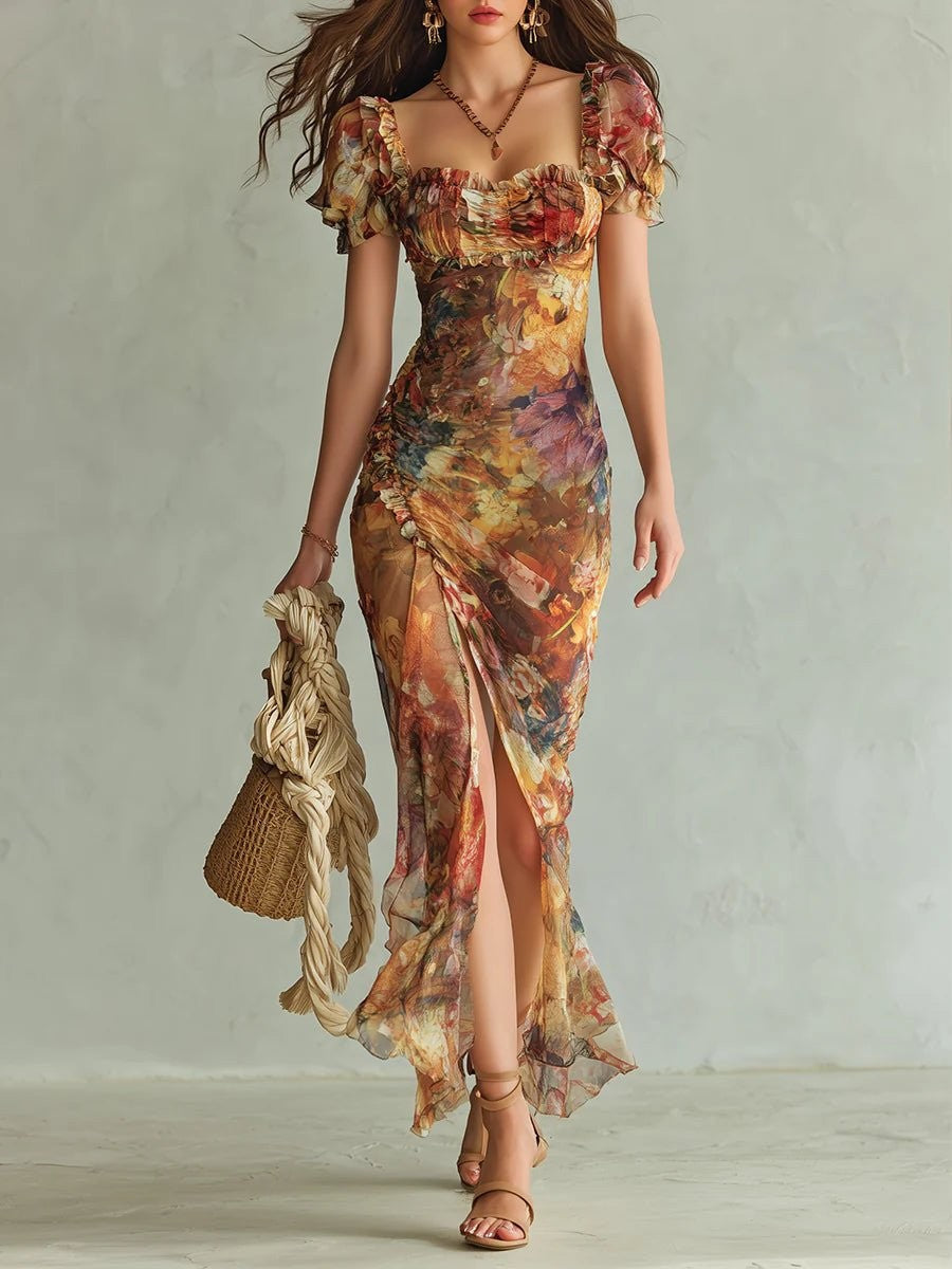 Sienna | Women's Ruffle Sweetheart Puff-Sleeve Boho Fall Wedding Guest Maxi Dress