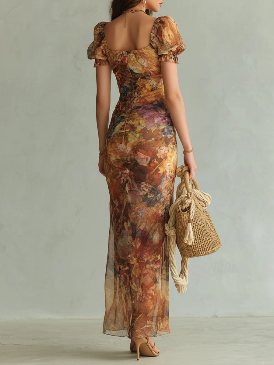 Sienna | Women's Ruffle Sweetheart Puff-Sleeve Boho Fall Wedding Guest Maxi Dress