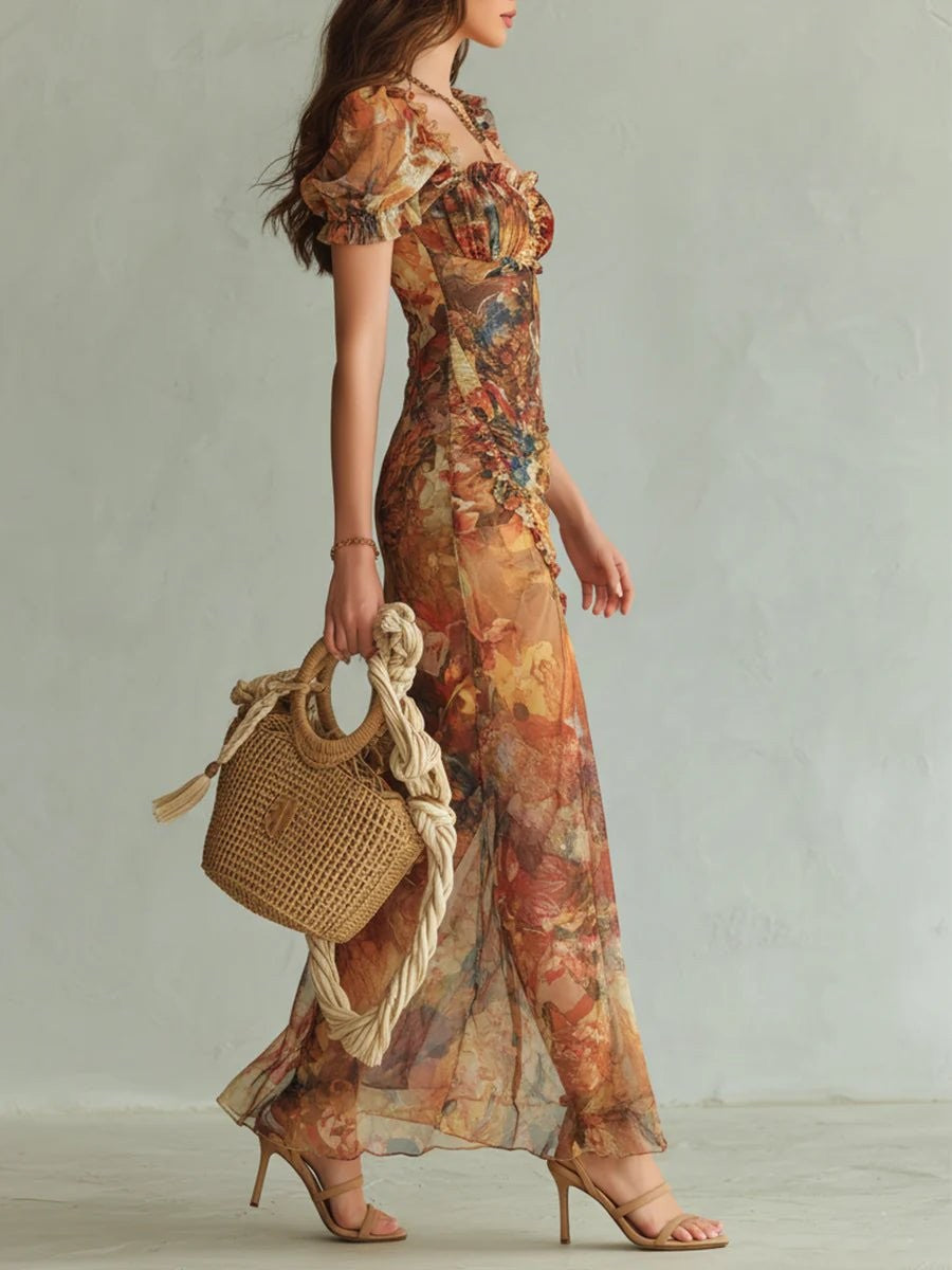 Sienna | Women's Ruffle Sweetheart Puff-Sleeve Boho Fall Wedding Guest Maxi Dress
