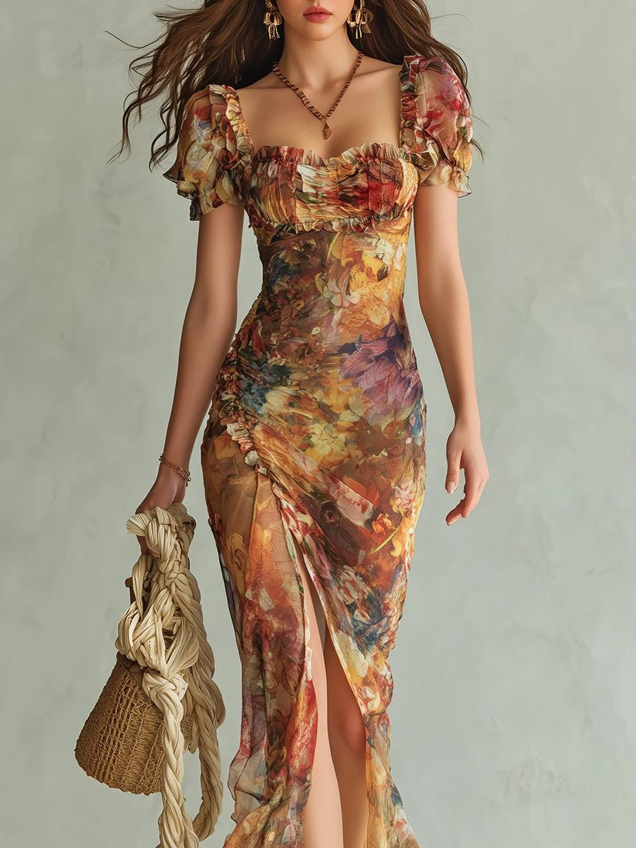 Sienna | Women's Ruffle Sweetheart Puff-Sleeve Boho Fall Wedding Guest Maxi Dress