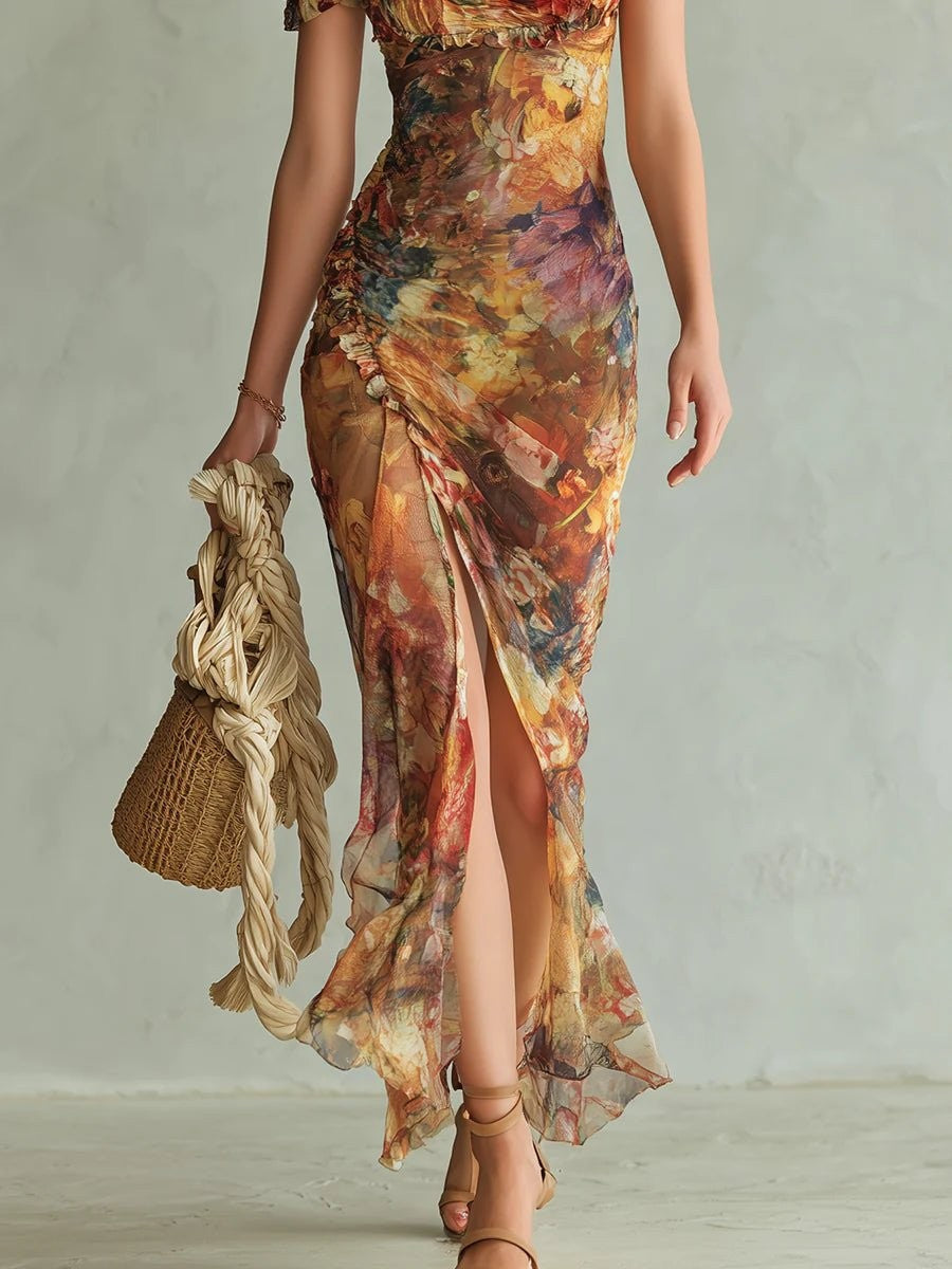Sienna | Women's Ruffle Sweetheart Puff-Sleeve Boho Fall Wedding Guest Maxi Dress