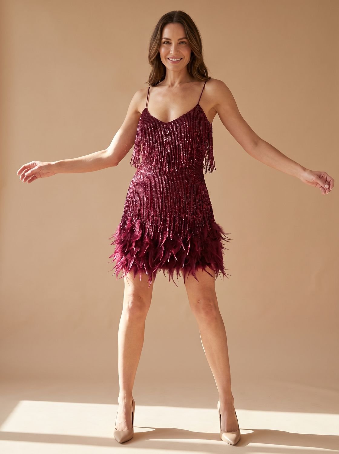 Luna | Women's Sequin Mini Dress Spaghetti-Strap Feather Fringe Party