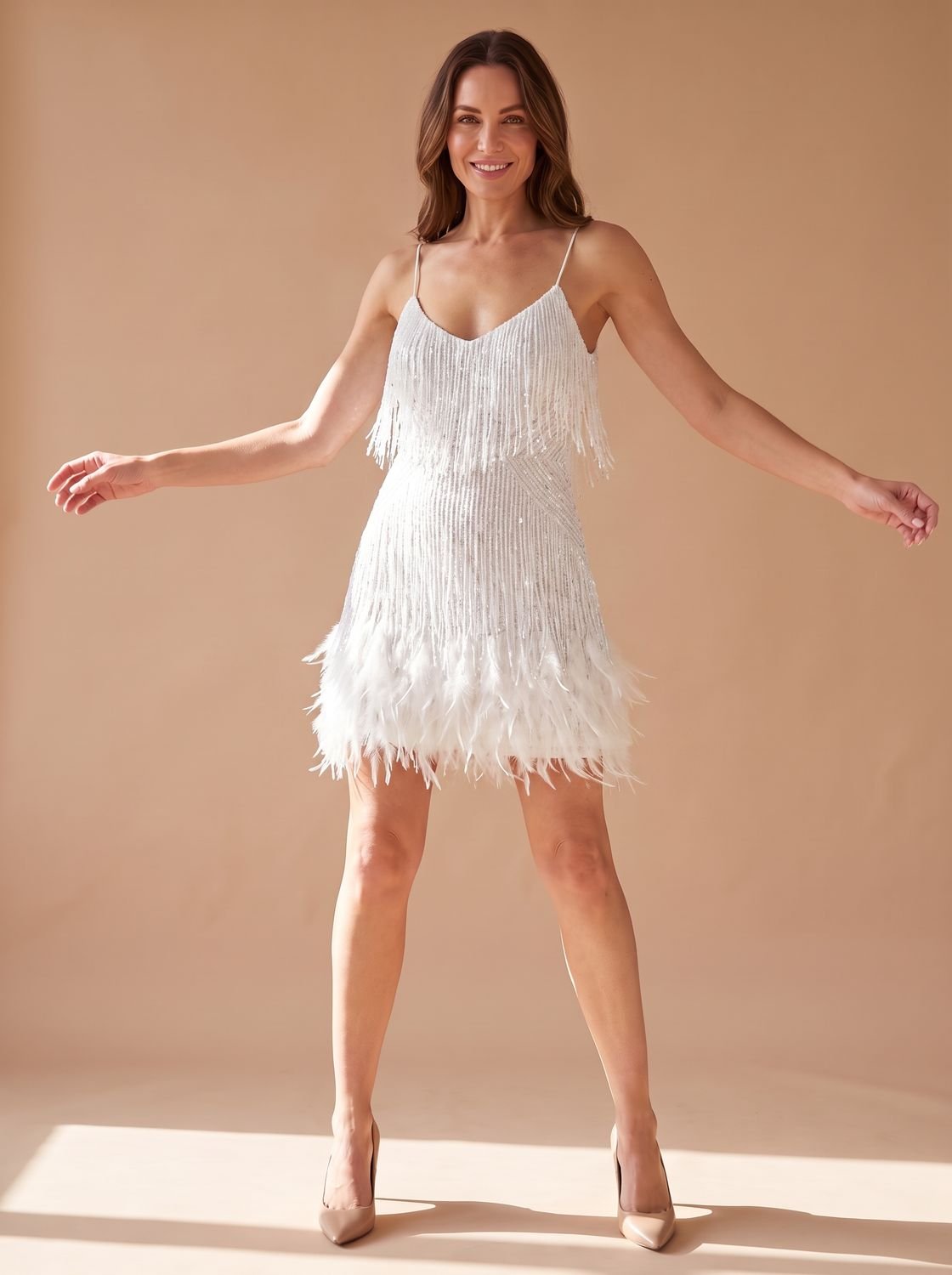 Luna | Women's Sequin Mini Dress Spaghetti-Strap Feather Fringe Party