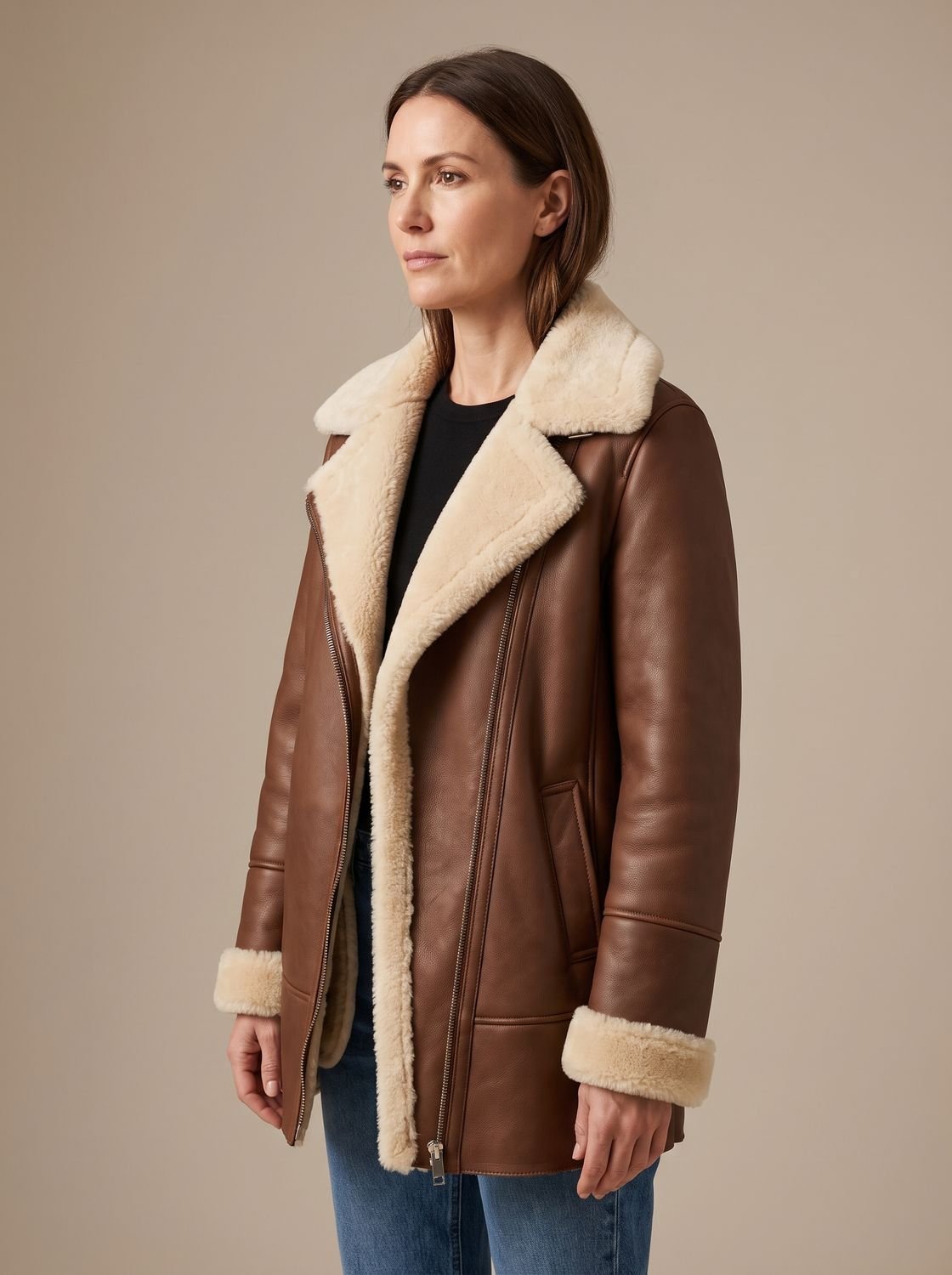Aria | Women's Shearling-Collar Zip-Front Leather Winter Coat