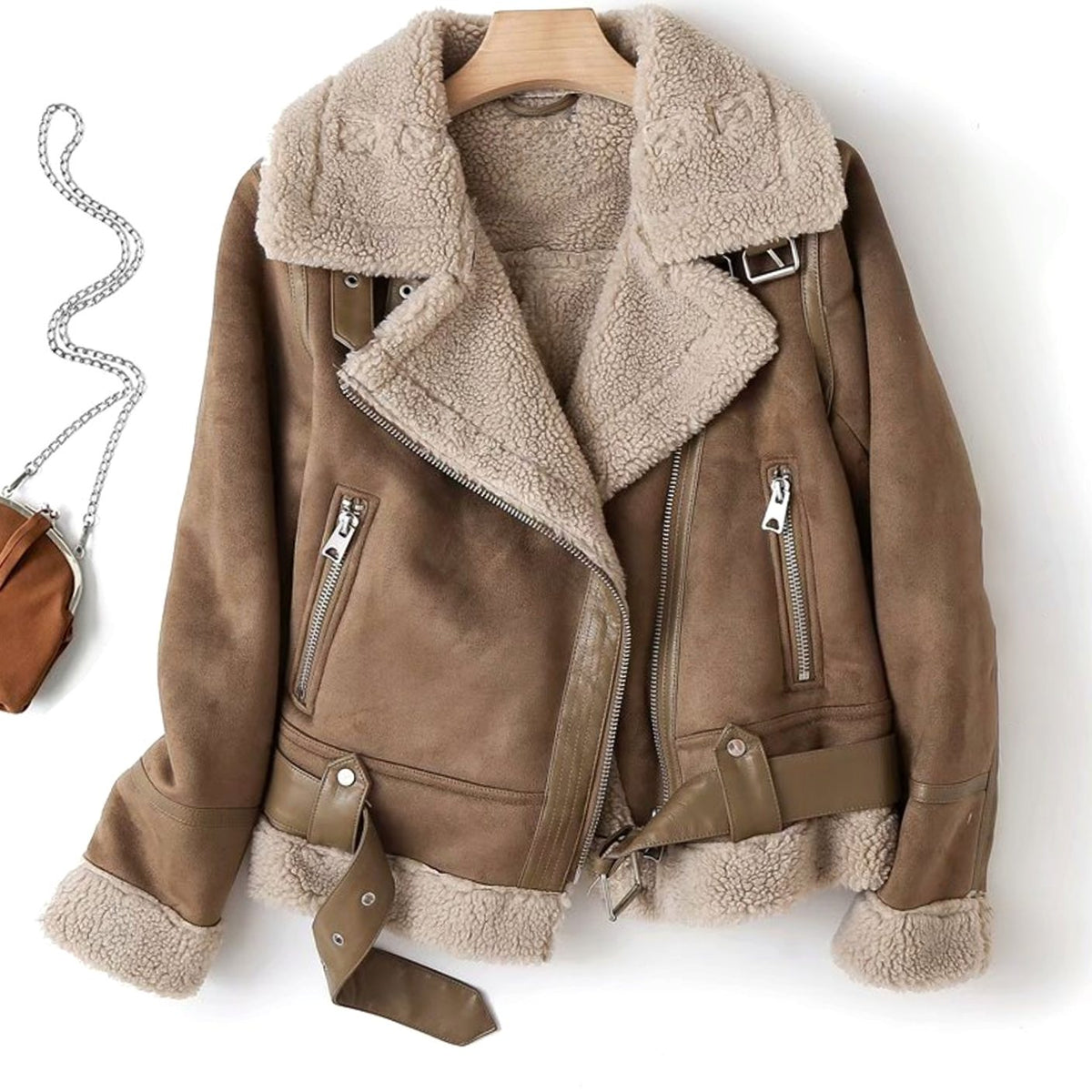 Women's Shearling-Lined Cropped Suede Moto Jacket Belted