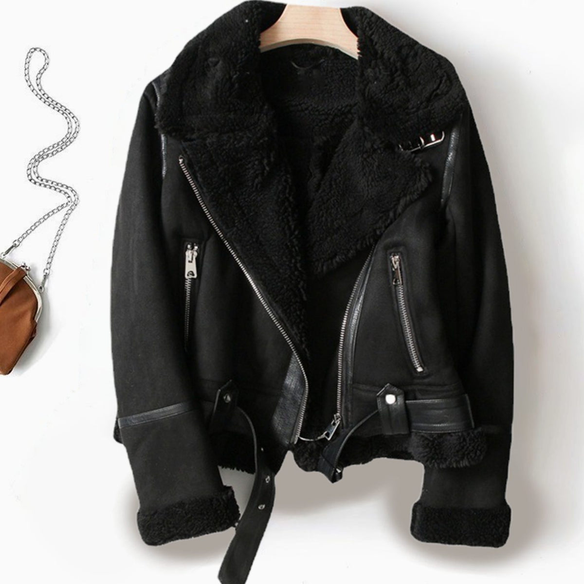 Women's Shearling-Lined Cropped Suede Moto Jacket Belted