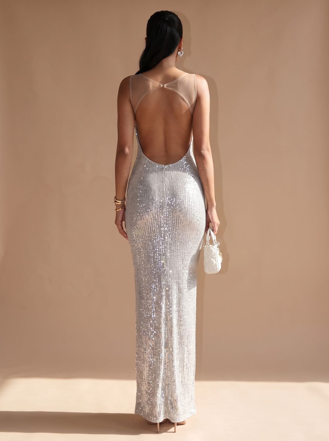 Women's Sequin Maxi Dress with Square Neckline | Thin Straps, Bodycon Floor Length Cut | Sizes S to L, Silver