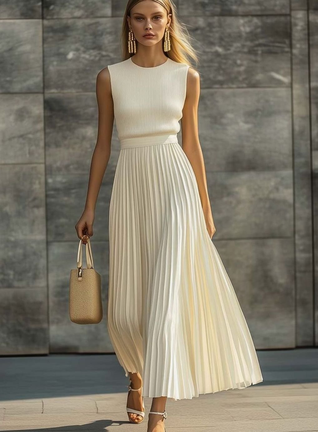 Women's Cream Maxi Dress with Full Pleated Skirt | Ribbed Knit Bodice, Round Neck, Sleeveless | Sizes XS-2XL