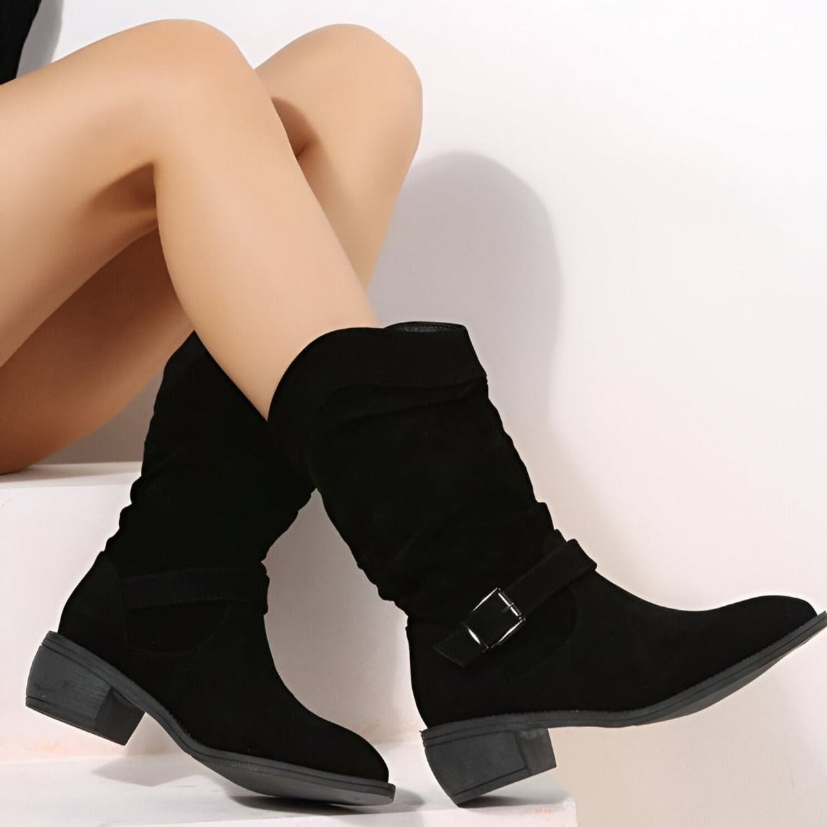 Women's Slouchy Boots in Faux Suede | Mid-Calf Shaft with Snap-Button Strap | Side Zip and Block Heel | 3 Colors