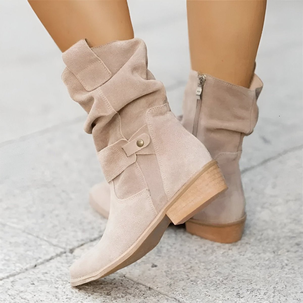 Women's Slouchy Boots in Faux Suede | Mid-Calf Shaft with Snap-Button Strap | Side Zip and Block Heel | 3 Colors