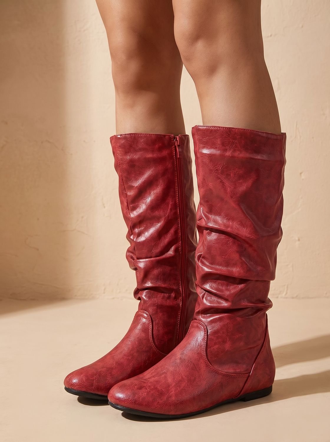 Harper | Women's Slouchy Flat Knee High Boots Round Toe Side Zip