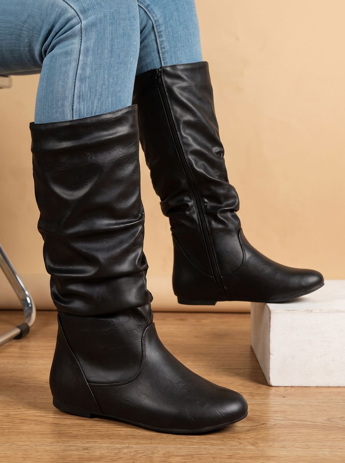 Harper | Women's Slouchy Flat Knee High Boots Round Toe Side Zip