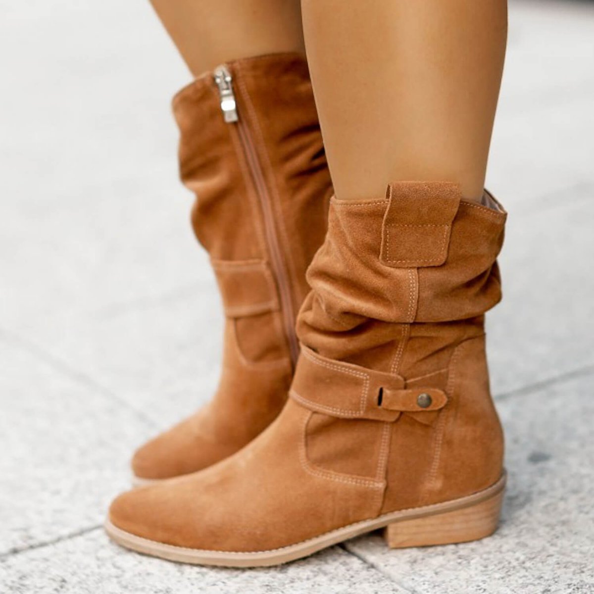 Women's Slouchy Suede Mid-Calf Ankle Boots Buckle Strap Flat