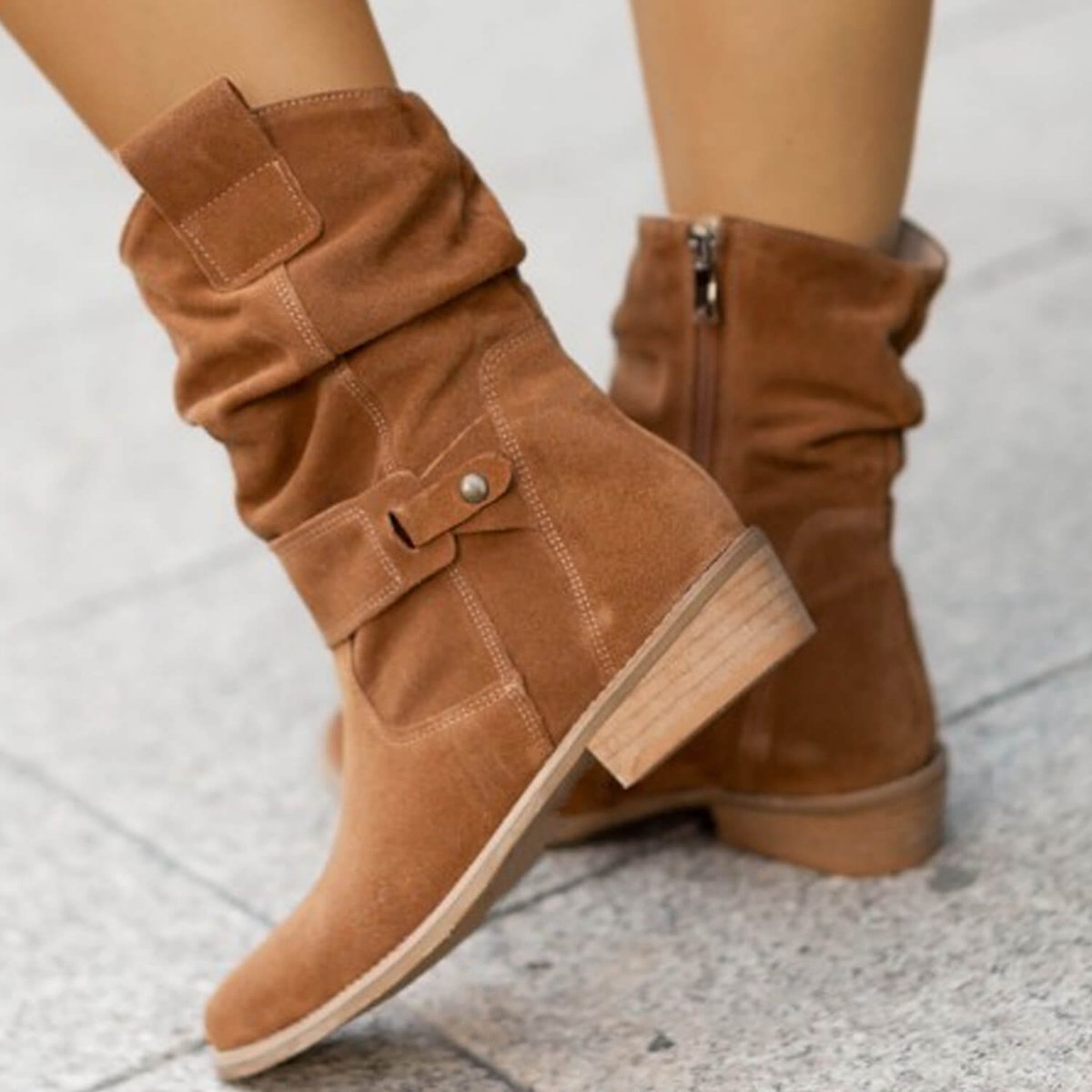 Women's Slouchy Suede Mid-Calf Ankle Boots Buckle Strap Flat