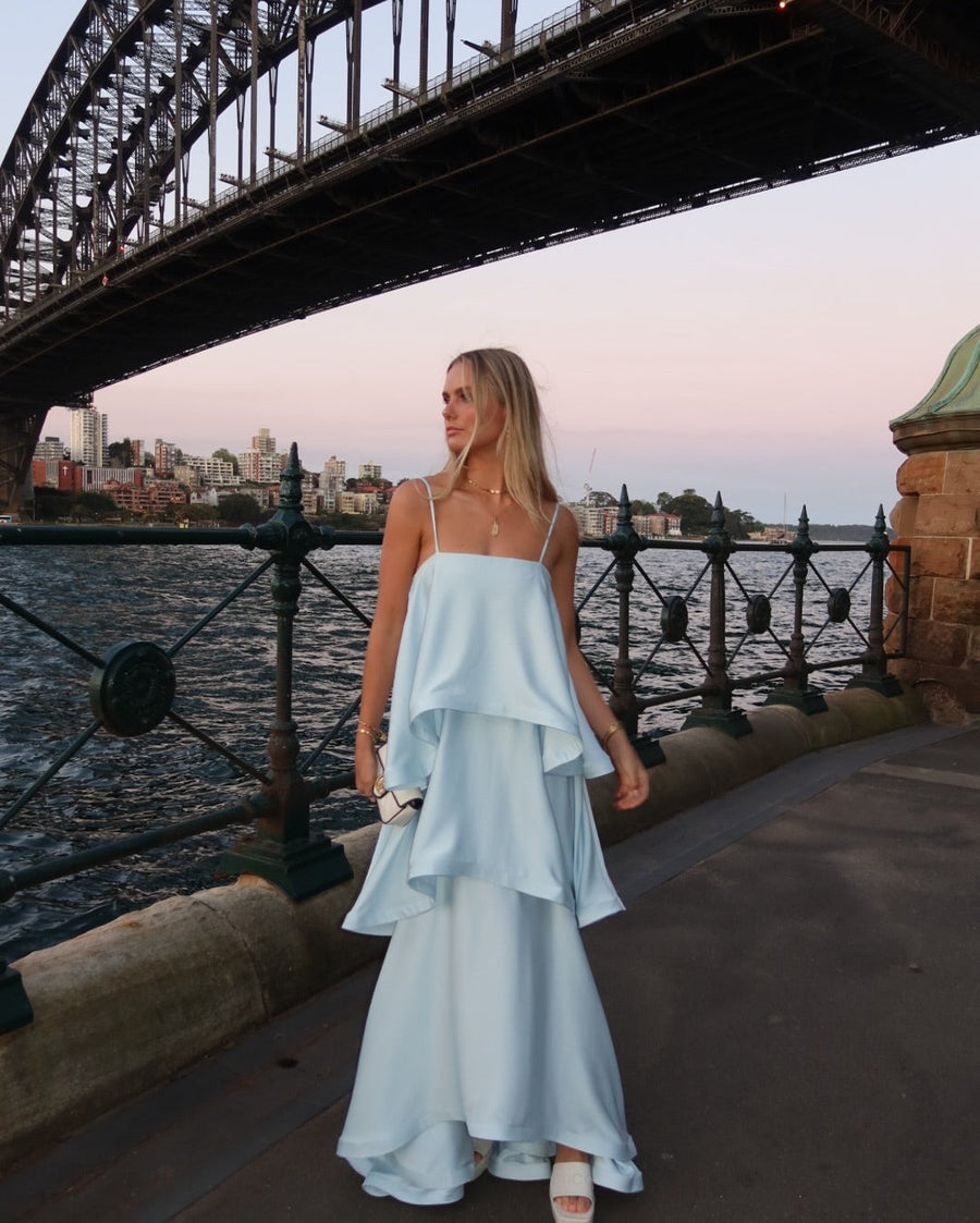 Women's Tiered Satin Maxi Dress with Ruffle Edges
