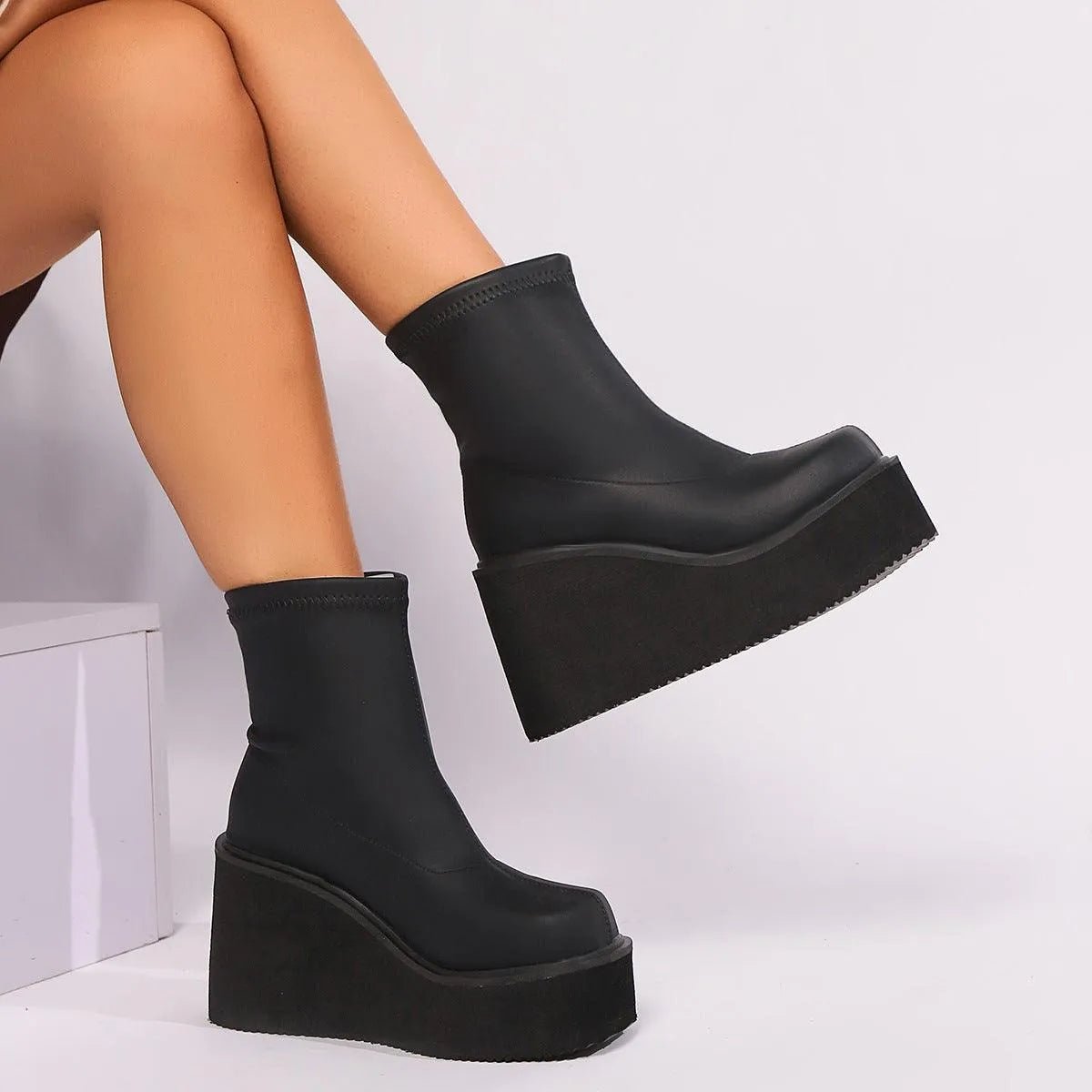 Women's Square-Toe Platform Wedge Sock Ankle Boots