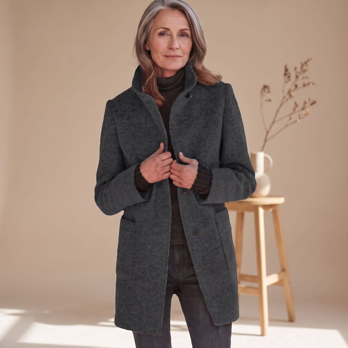 Evelyn | Women's Stand-Collar Button-Front Wool-Blend Midi Coat