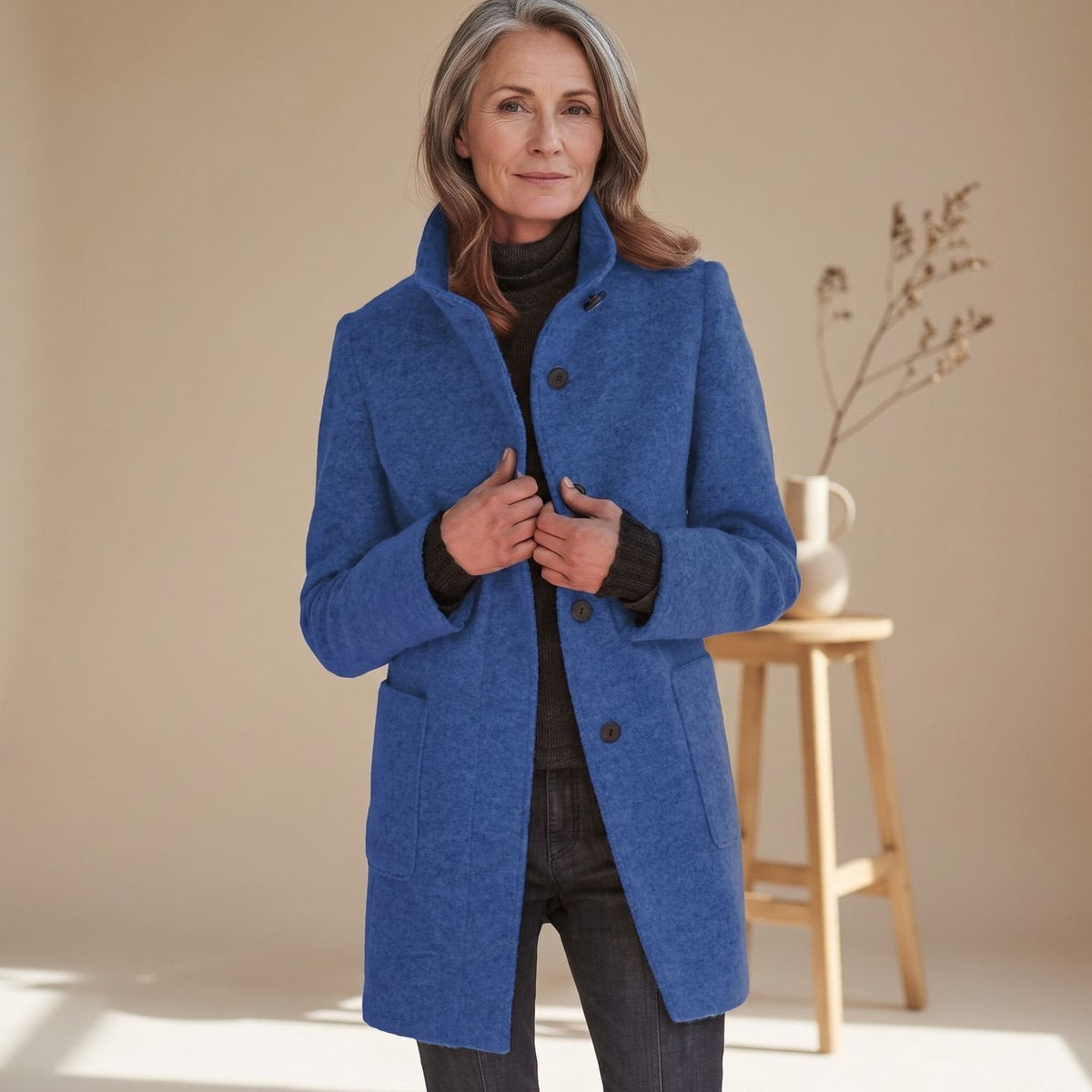 Evelyn | Women's Stand-Collar Button-Front Wool-Blend Midi Coat