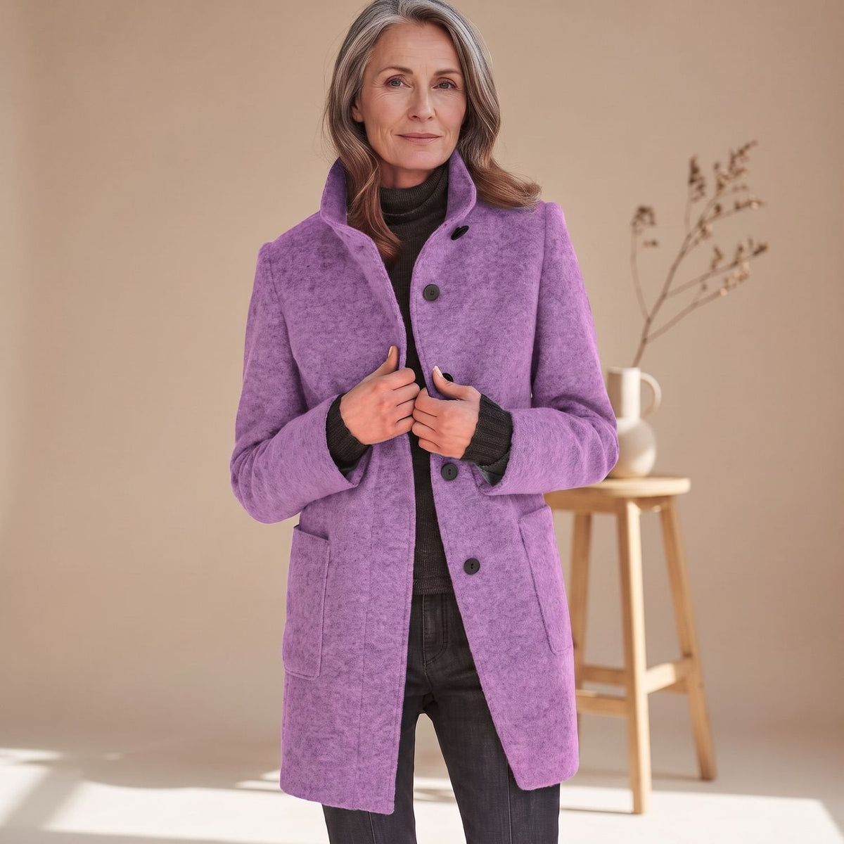 Evelyn | Women's Stand-Collar Button-Front Wool-Blend Midi Coat