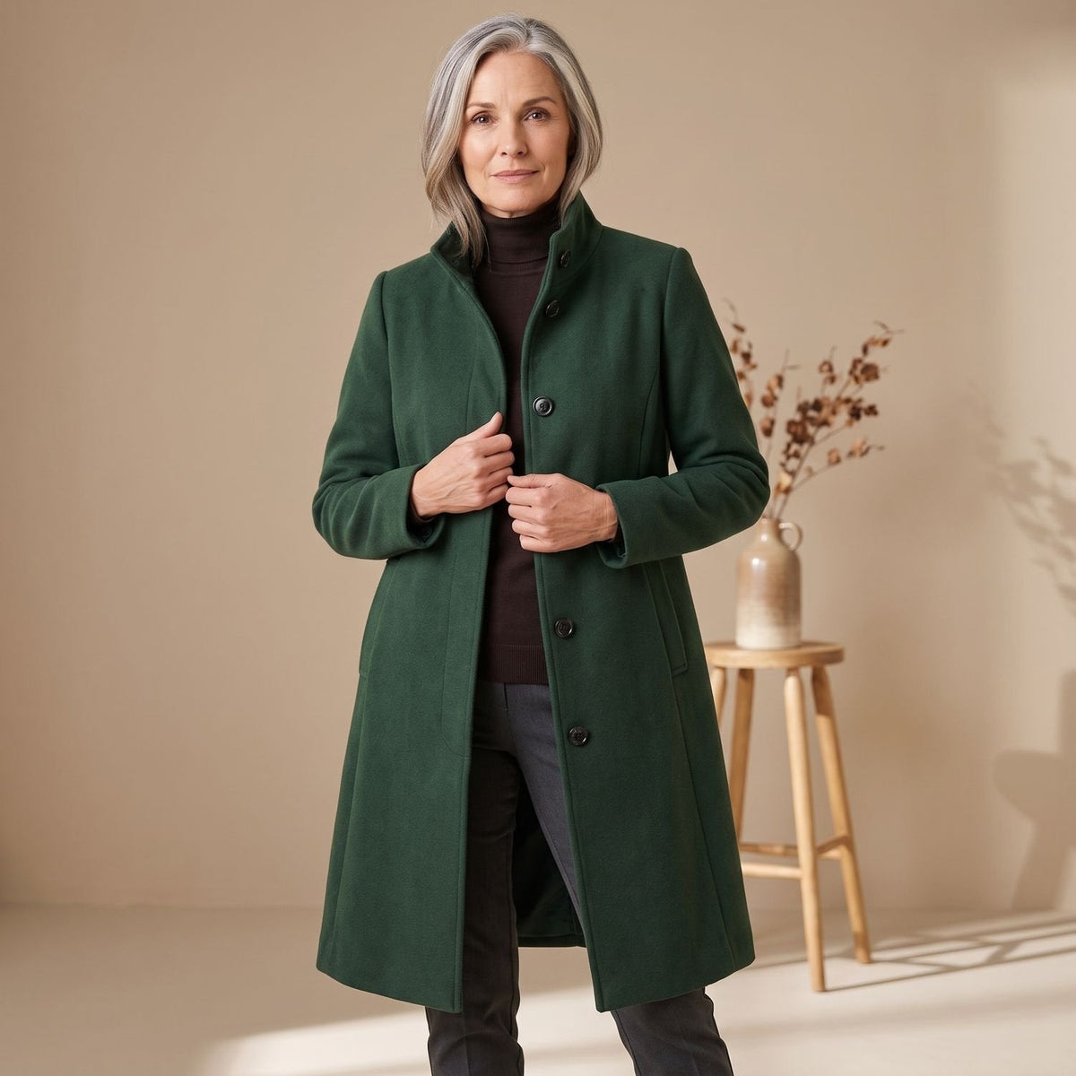 Evelyn | Women's Stand-Collar Button-Front Wool-Blend Midi Coat