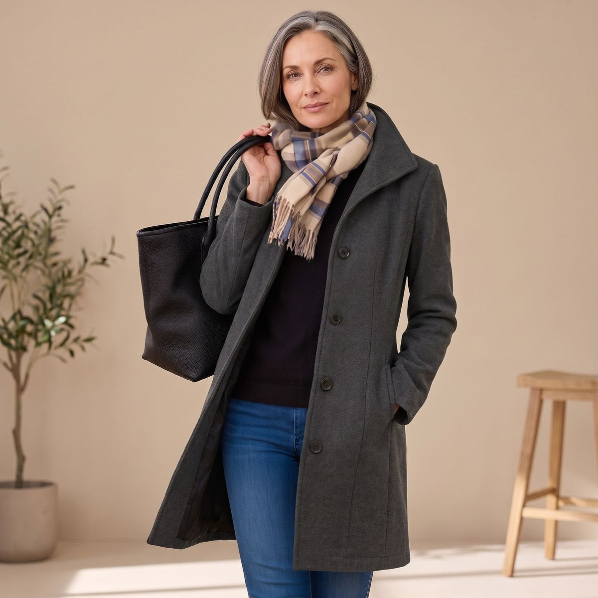 Olivia | Women's Straight-Cut Button-Front Mid-Length Coat Collar