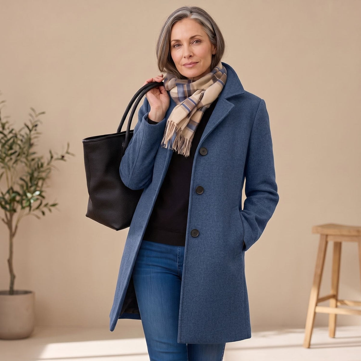 Olivia | Women's Straight-Cut Button-Front Mid-Length Coat Collar