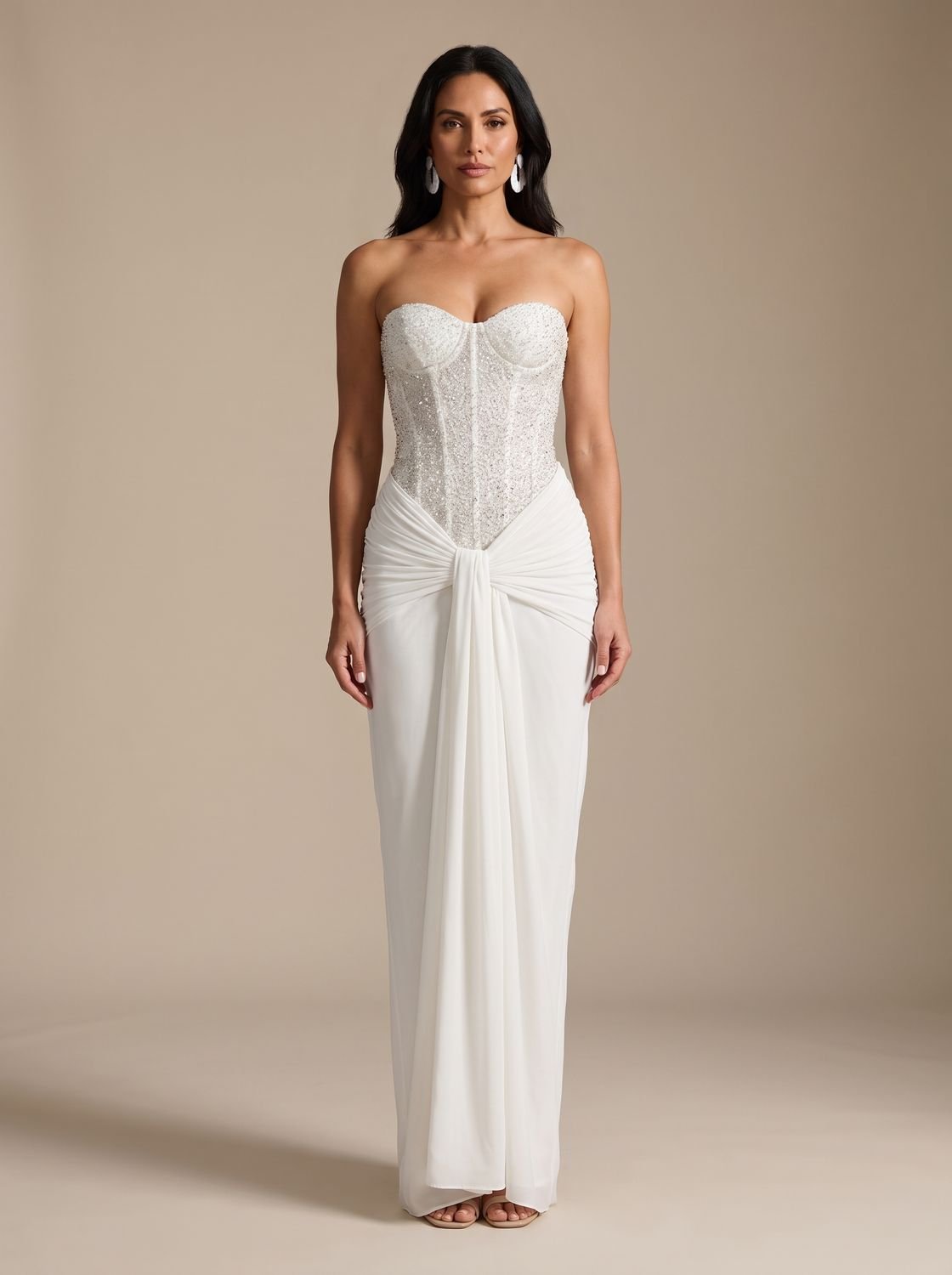 Camila | Women's Strapless Beaded Bodice Draped Maxi Dress