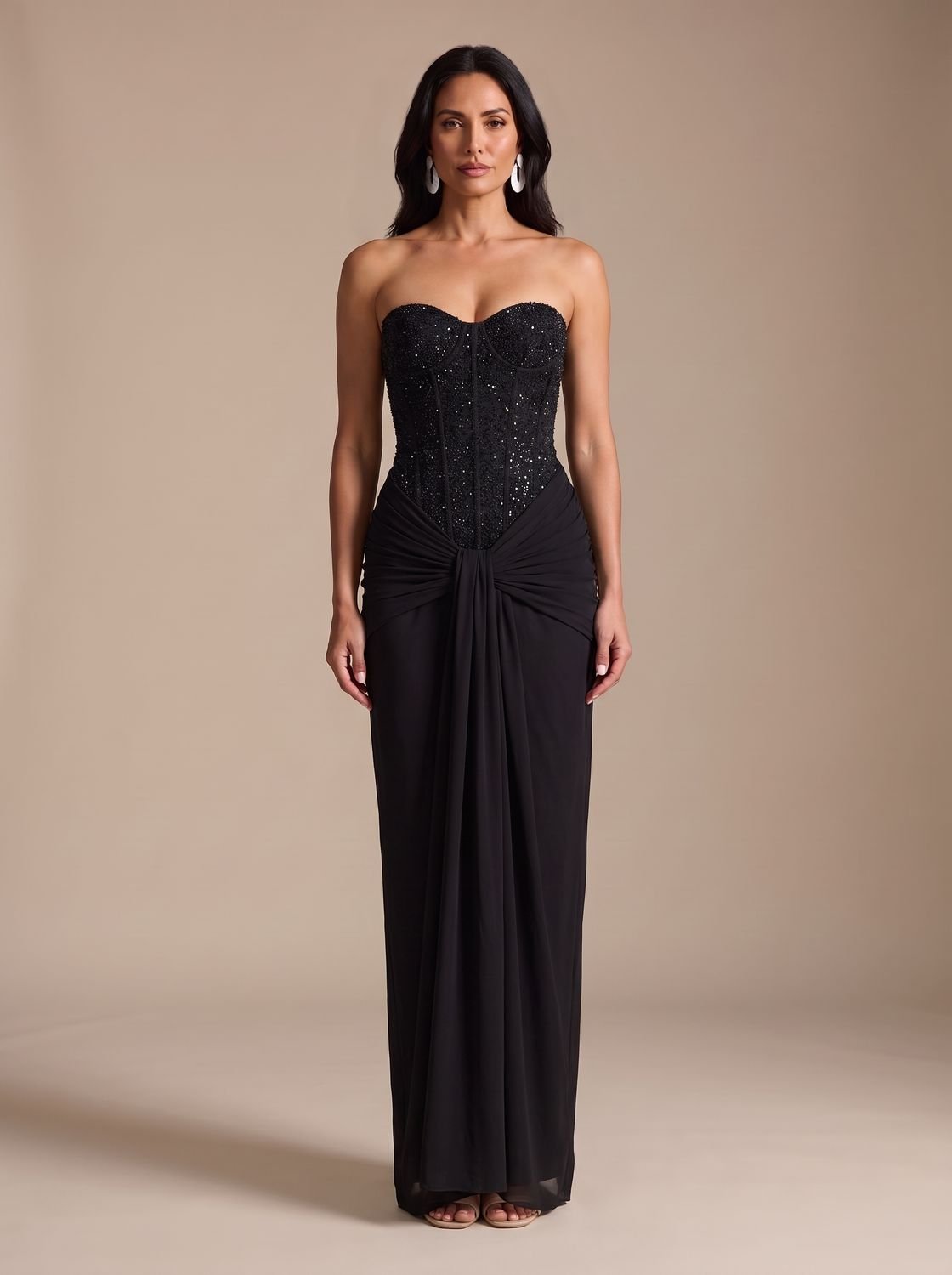 Camila | Women's Strapless Beaded Bodice Draped Maxi Dress