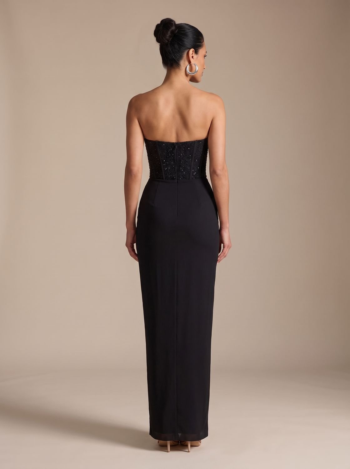 Camila | Women's Strapless Beaded Bodice Draped Maxi Dress