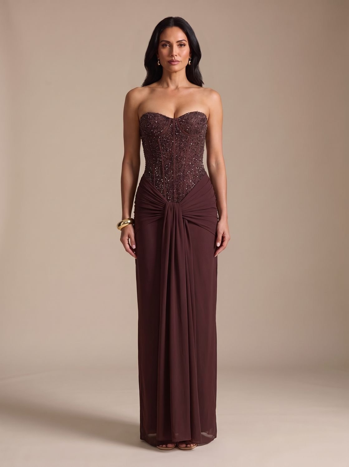 Camila | Women's Strapless Beaded Bodice Draped Maxi Dress