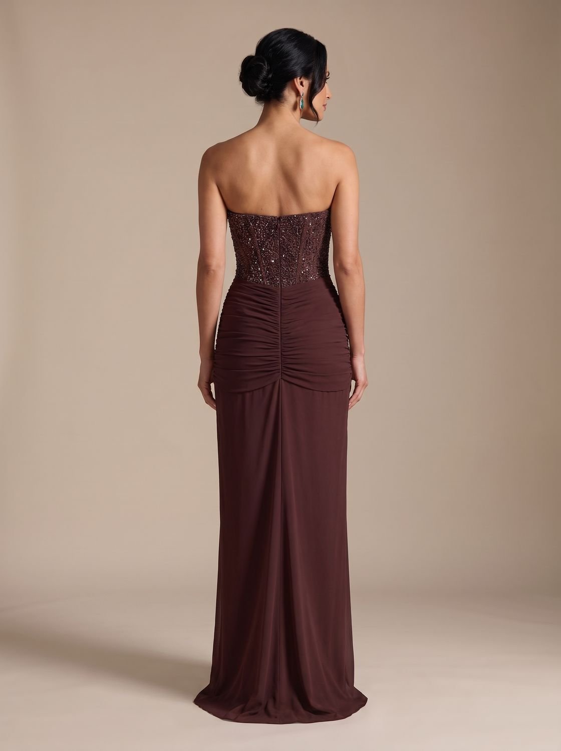 Camila | Women's Strapless Beaded Bodice Draped Maxi Dress