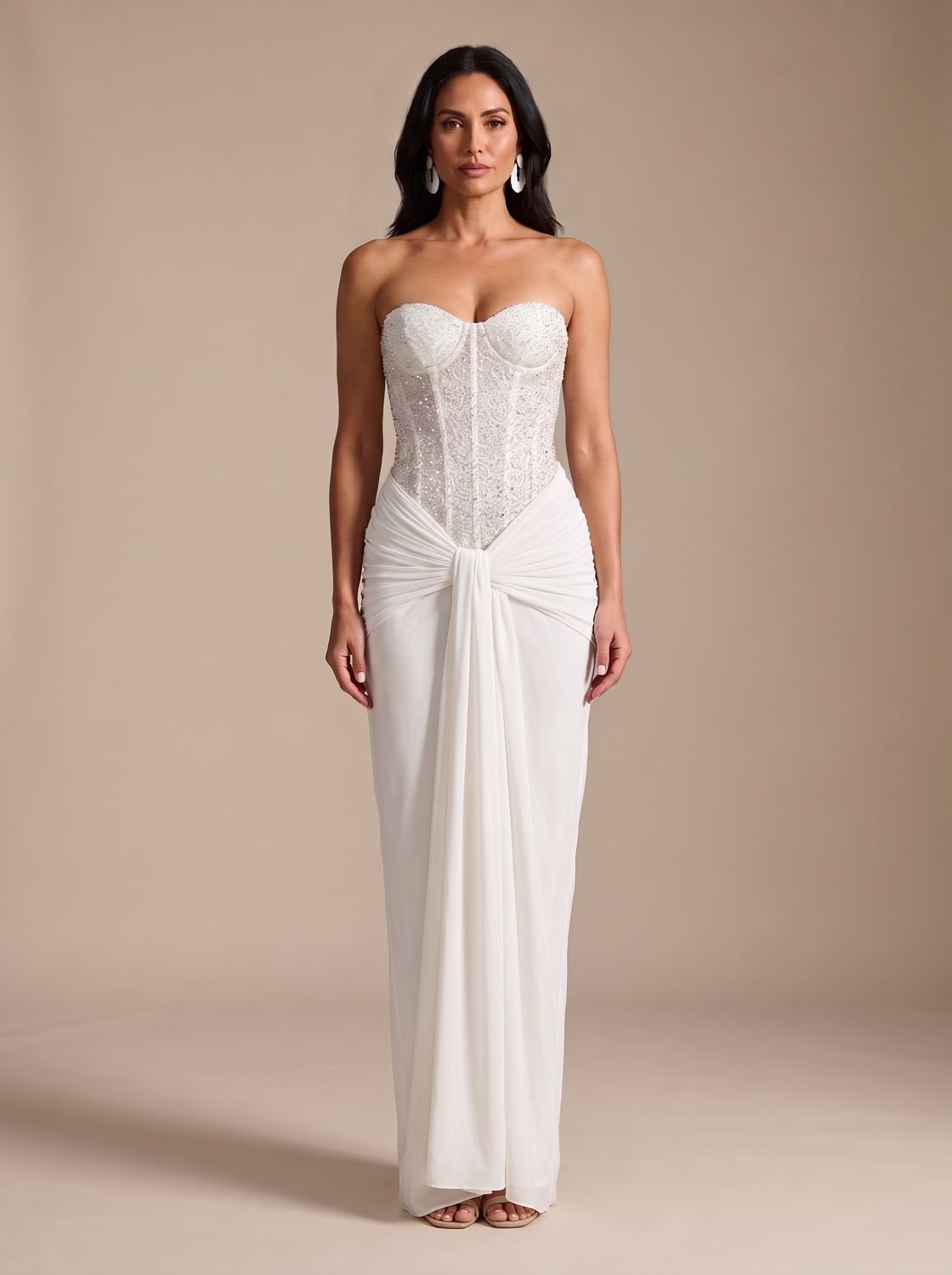 Camila | Women's Strapless Beaded Bodice Draped Maxi Dress
