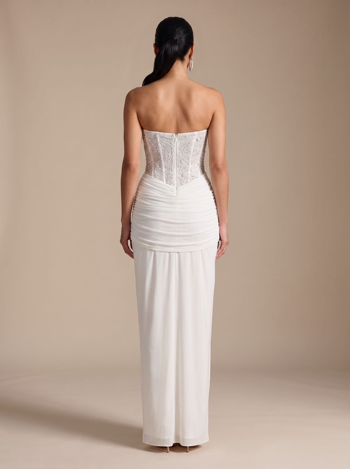 Camila | Women's Strapless Beaded Bodice Draped Maxi Dress