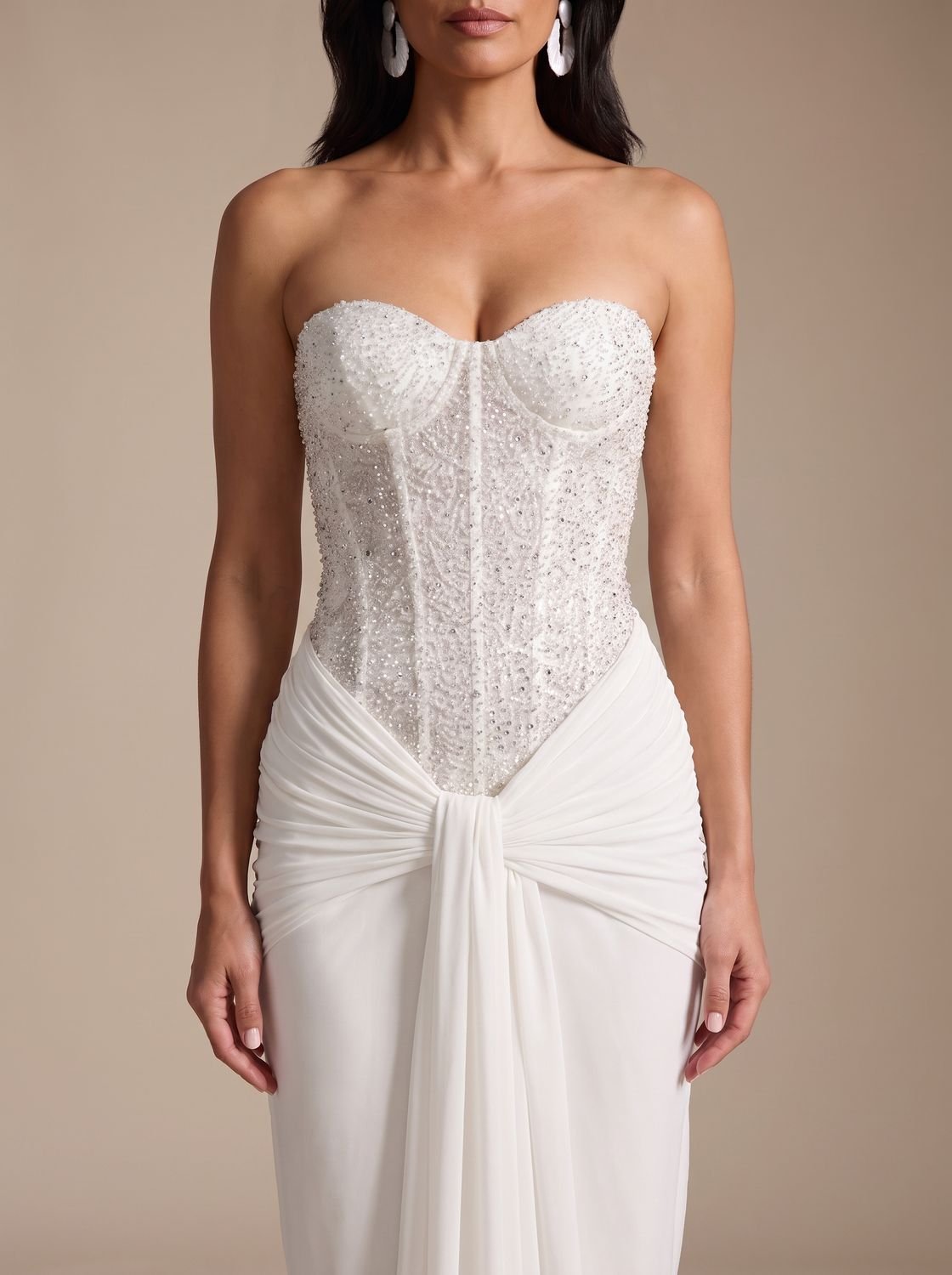 Camila | Women's Strapless Beaded Bodice Draped Maxi Dress