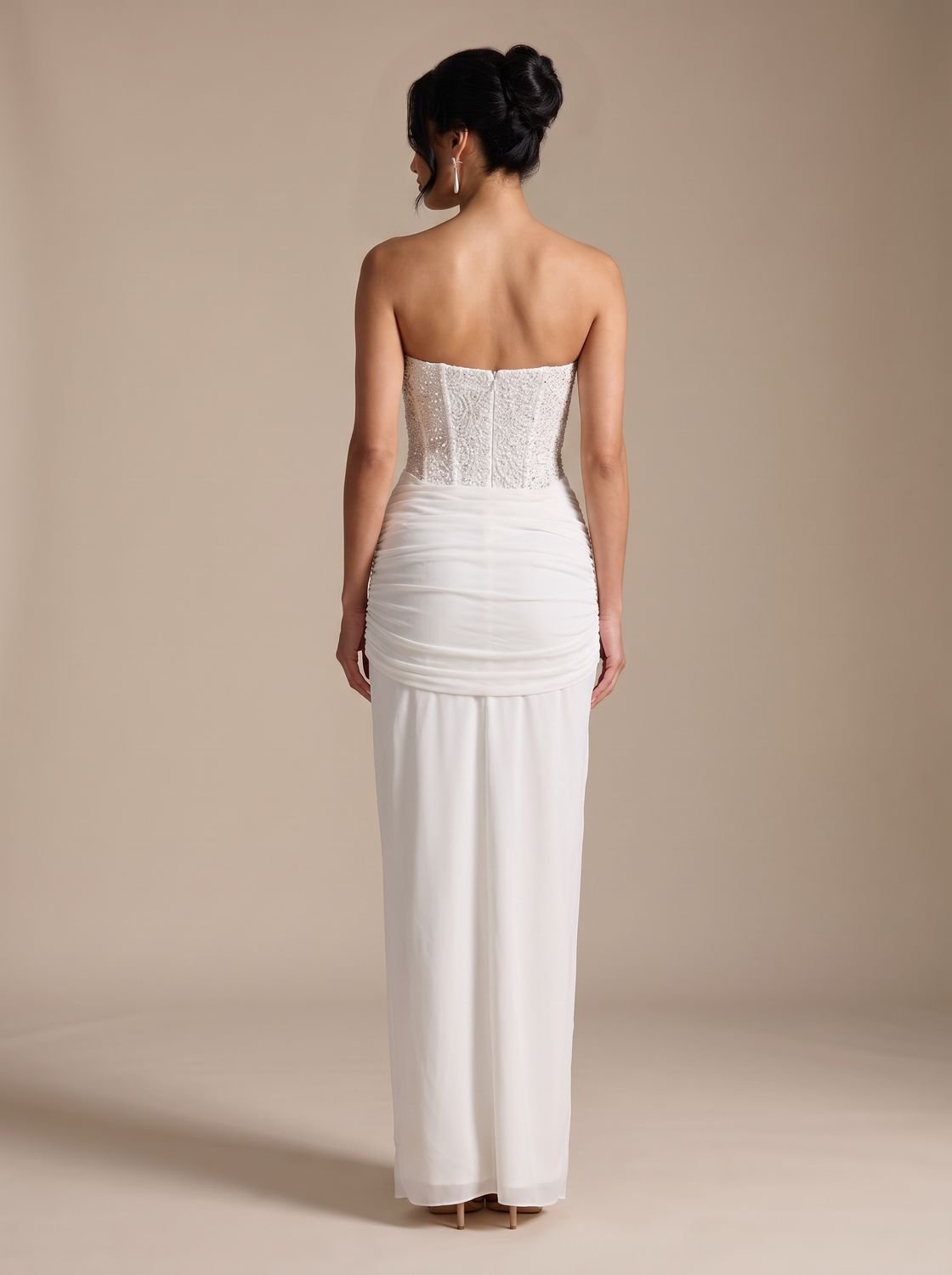 Camila | Women's Strapless Beaded Bodice Draped Maxi Dress