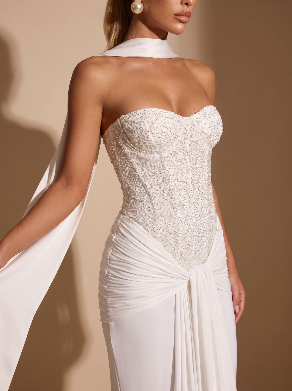 Camila | Women's Strapless Beaded Bodice Draped Maxi Dress