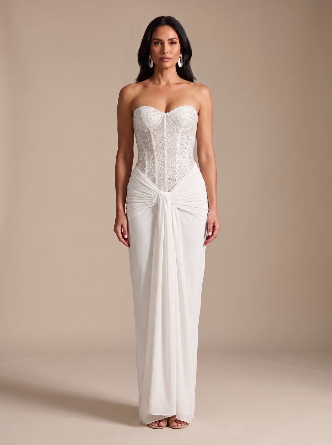 Camila | Women's Strapless Beaded Bodice Draped Maxi Dress