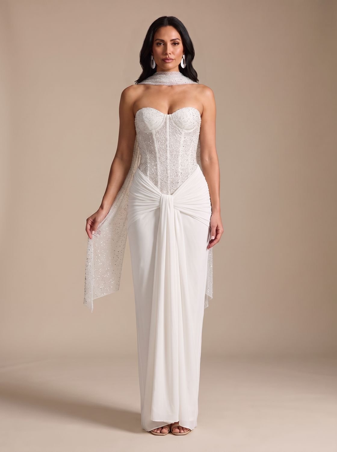Camila | Women's Strapless Beaded Bodice Draped Maxi Dress