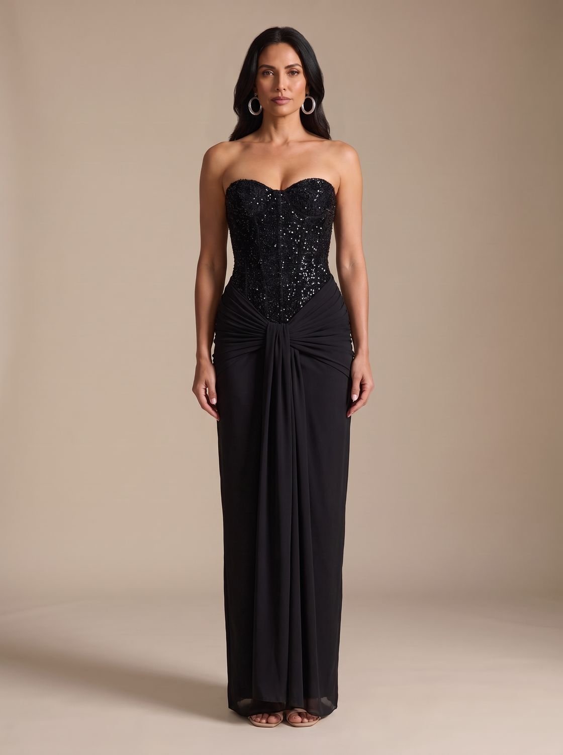 Camila | Women's Strapless Beaded Bodice Draped Maxi Dress