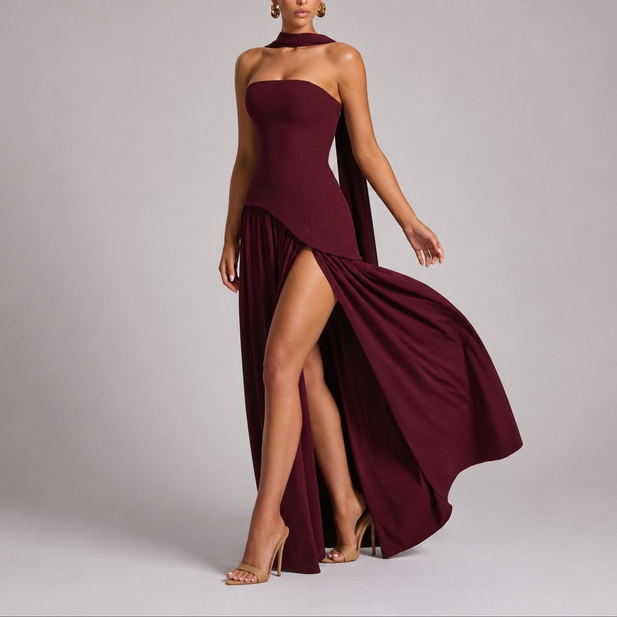 Women's Strapless Scarf-Neck High-Slit Fall Wedding Guest Dress