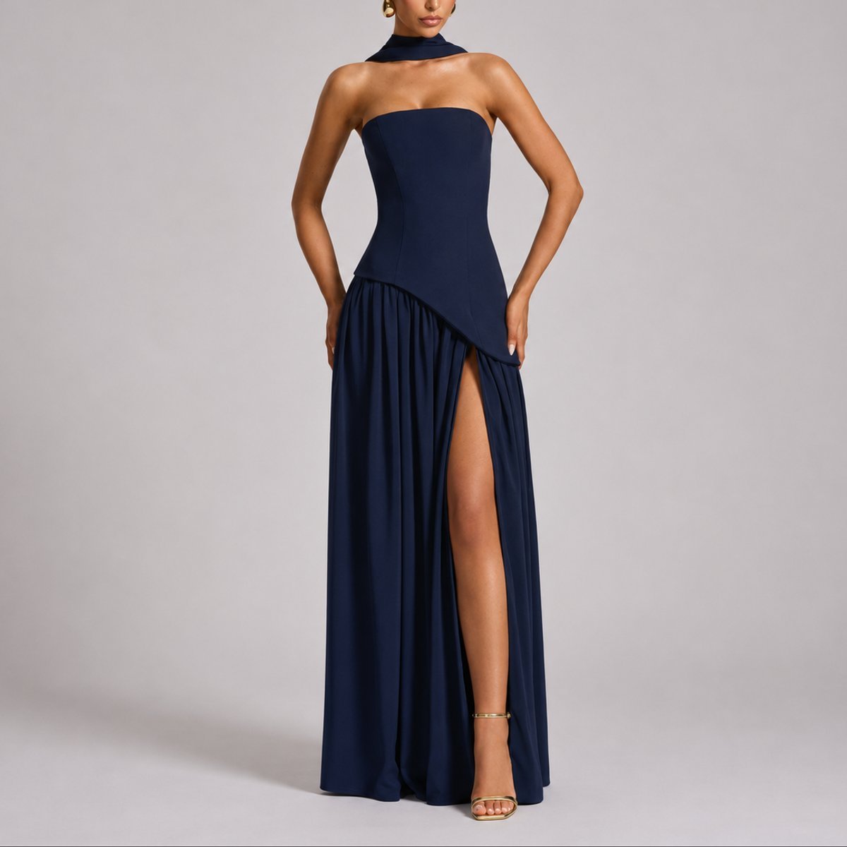 Women's Strapless Scarf-Neck High-Slit Fall Wedding Guest Dress