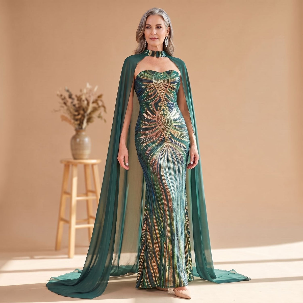 Victoria | Women's Strapless Sequin Cape Mermaid Evening Gown