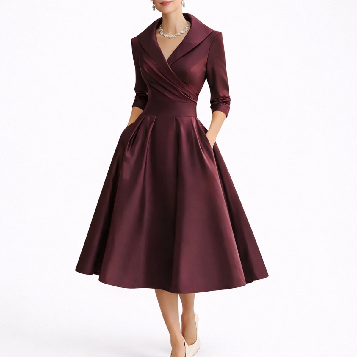Women's Structured A-Line Midi Fall Wedding Guest Dress 3/4 Sleeve