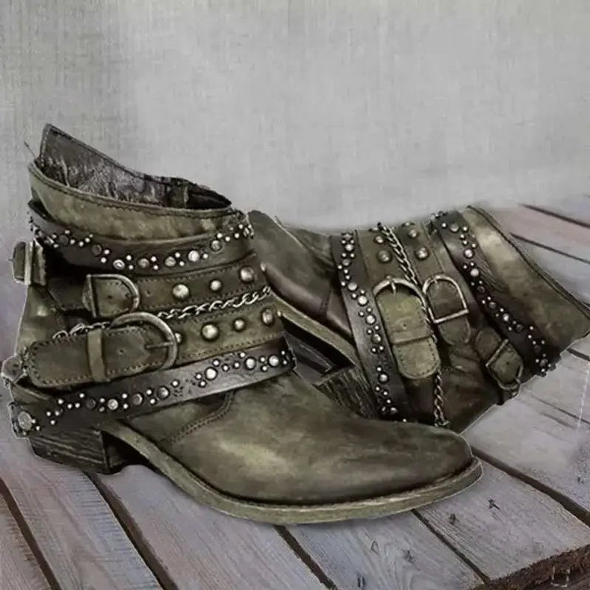 Women's Studded Buckle-Strap Moto Ankle Boots