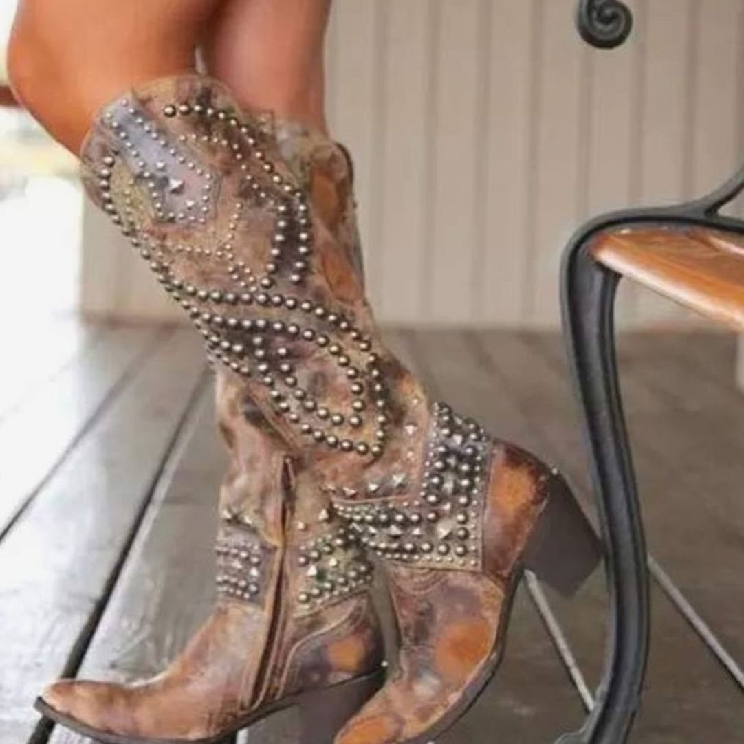 Women's Studded Cowboy Boots with a Tall Western Shaft | Pointed Toe, Chunky Block Heel | 5 Colors