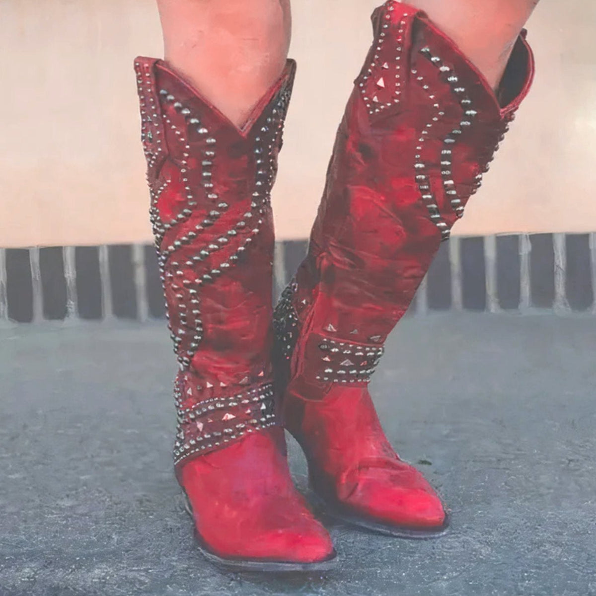 Women's Studded Cowboy Boots with a Tall Western Shaft | Pointed Toe, Chunky Block Heel | 5 Colors
