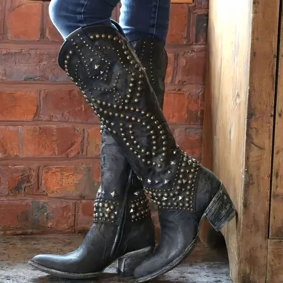 Women's Studded Knee-High Chunky Heel Cowboy Boots